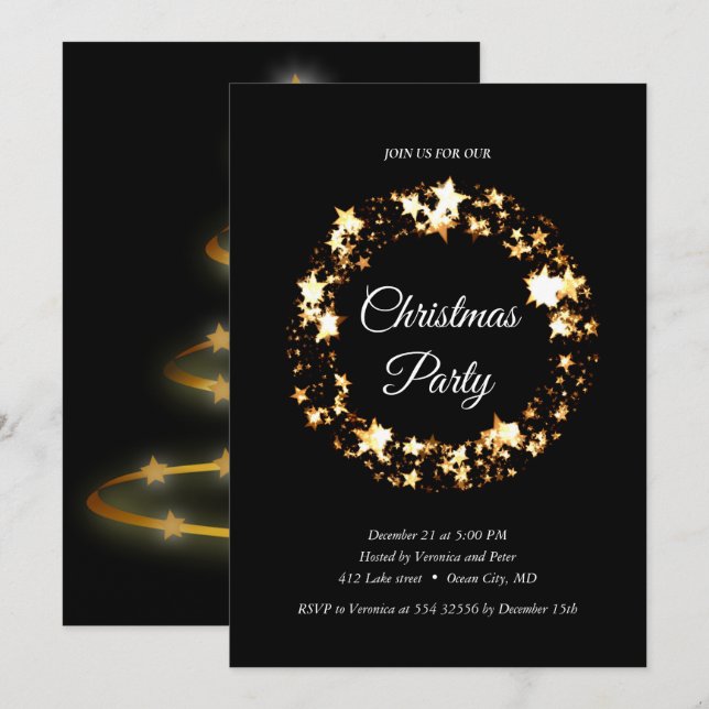 Elegant black sequined stars invitation (Front/Back)