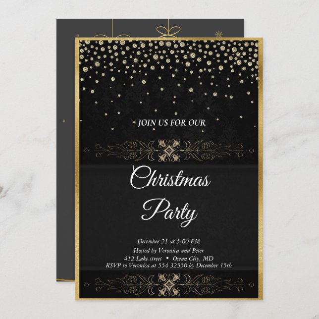 Elegant black sequined stars invitation (Front/Back)