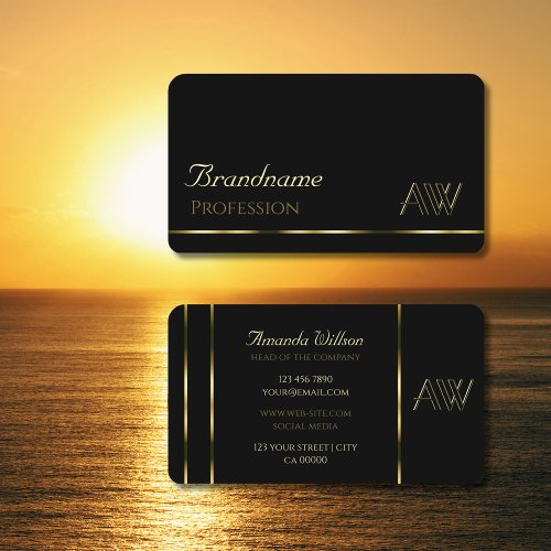 Elegant Black Shimmery Gold Stripes with Monogram Business Card
