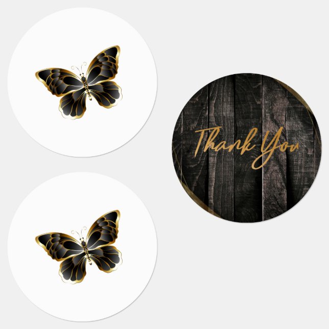 Elegant Black Shiny Butterfly Thank You Stickers (Group)