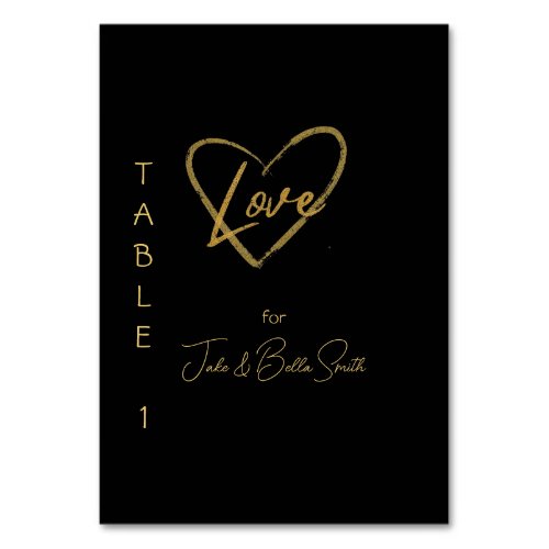 Elegant Black Shiny Love Heart Wedding Black 1 Table Number