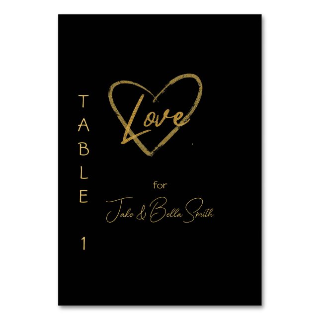 Elegant Black Shiny Love Heart Wedding Black 1 Table Number (Front)