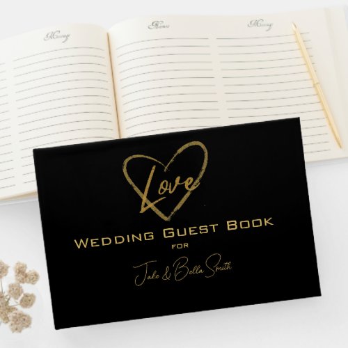 Elegant Black Shiny Love Heart Wedding Black Guest Book