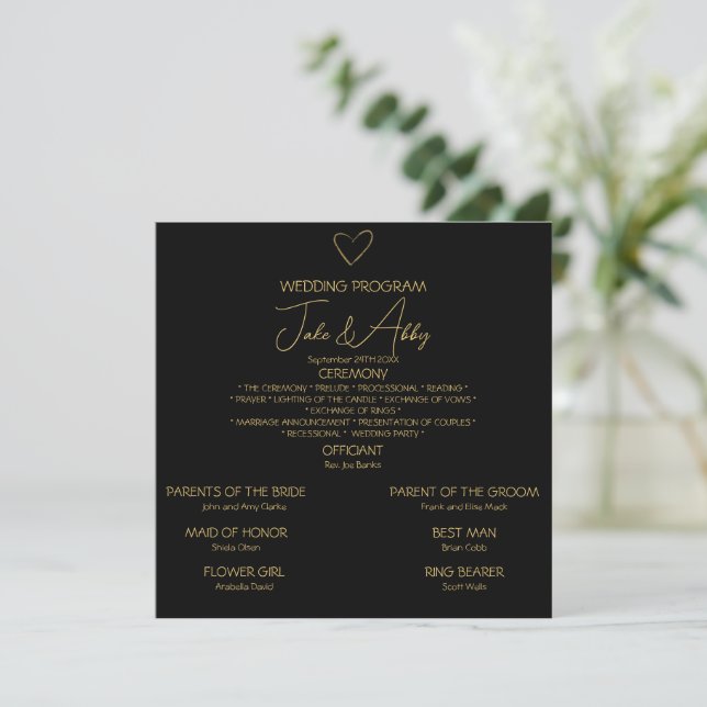 Elegant Black Shiny Love Heart Wedding Black Program (Standing Front)