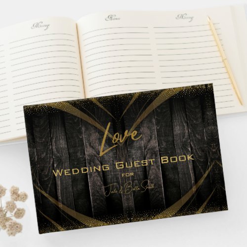 Elegant Black Shiny Rustic Wood Wedding Guest Book