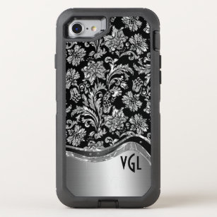 Elegant Black & Shiny Silver Floral Damasks OtterBox Defender iPhone SE/8/7 Case