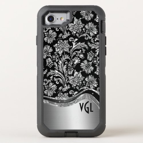 Elegant Black  Shiny Silver Floral Damasks OtterBox Defender iPhone SE87 Case