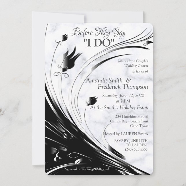 Elegant Black Silhouette on White Marble W Shower Invitation (Front)