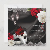 Elegant Black Silk Floral & Lace Masquerade Party Invitation (Back)