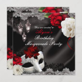 Elegant Black Silk Floral & Lace Masquerade Party Invitation (Front/Back)