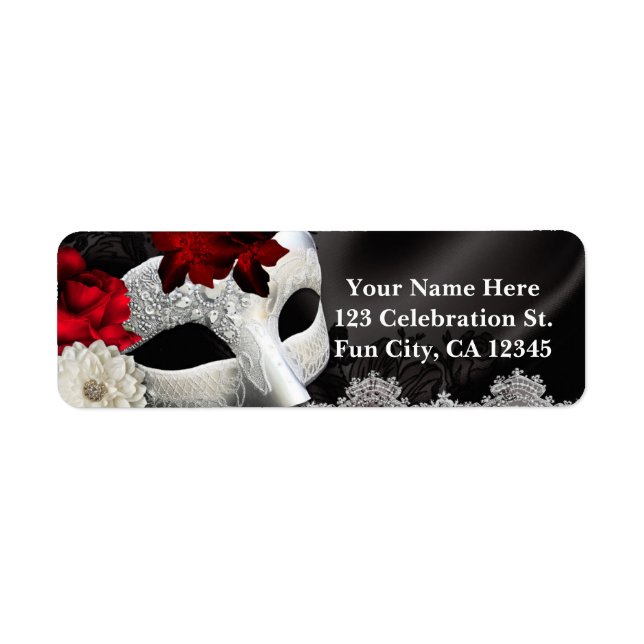 Elegant Black Silk Floral & Lace Masquerade Party Label (Front)