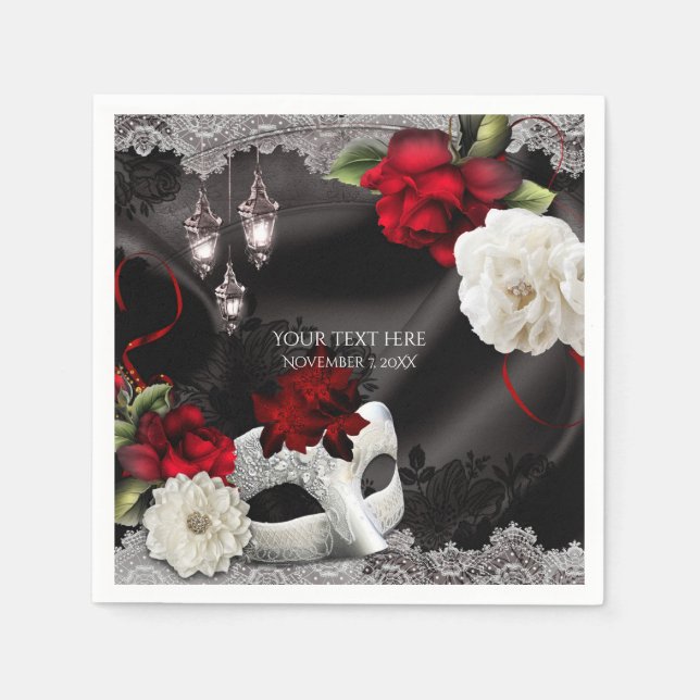 Elegant Black Silk Floral & Lace Masquerade Party Paper Napkins (Front)