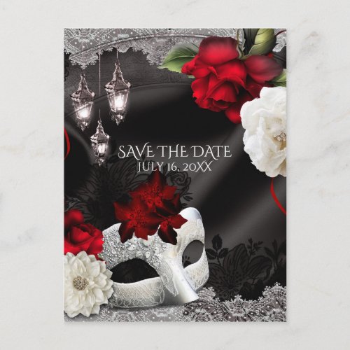 Elegant Black Silk Floral Masquerade Save the Date Announcement Postcard