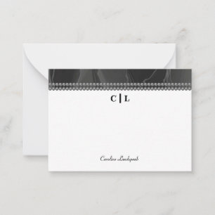 Elegant Black Silk Pearls Monogrammed Initials Note Card