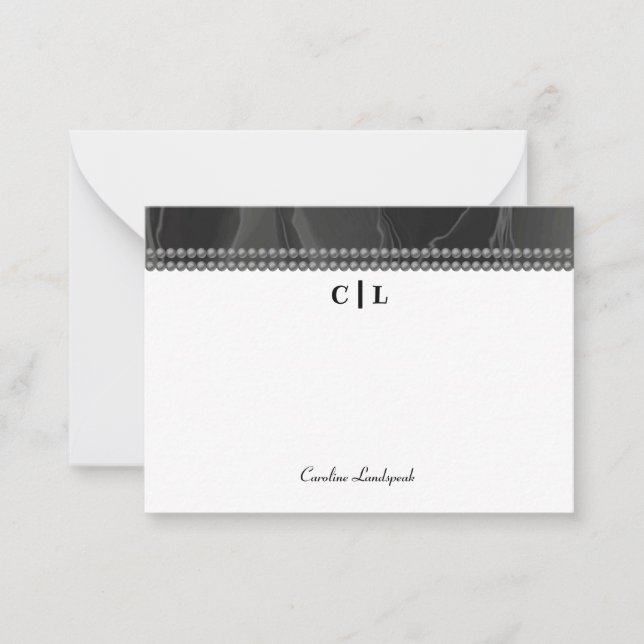 Elegant Black Silk Pearls Monogrammed Initials Note Card (Front)