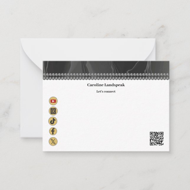 Elegant Black Silk, Social Media & QR Code Note Card (Front)