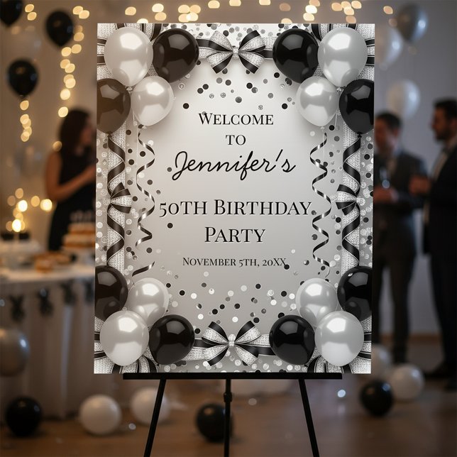 Elegant Black Silver 50th Birthday Party Welcome Foam Board (Creator Uploaded)
