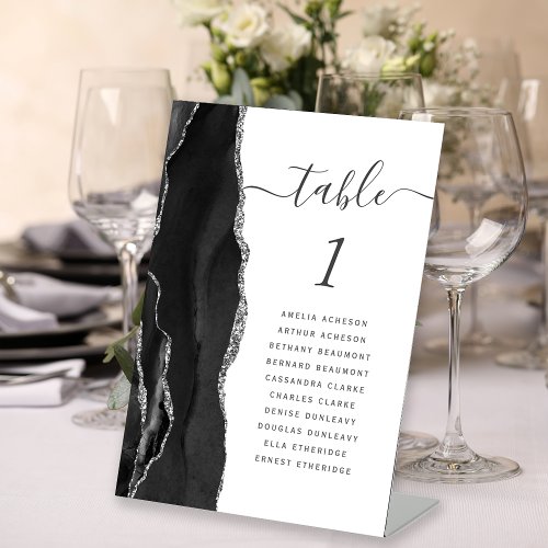 Elegant Black Silver Agate Wedding Table Number Pedestal Sign