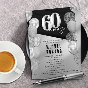 Elegant Black Silver Balloons 60th Birthday Party Invitation