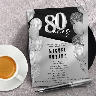 Elegant Black Silver Balloons 80th Birthday Party Invitation