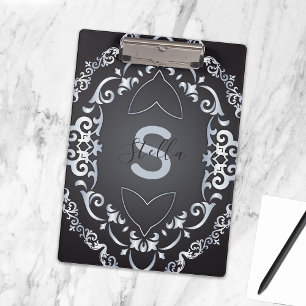 Elegant Black Silver Baroque Custom Monogram Name Clipboard