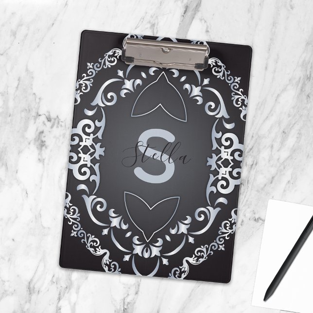 Elegant Black Silver Baroque Custom Monogram Name Clipboard (Creator Uploaded)
