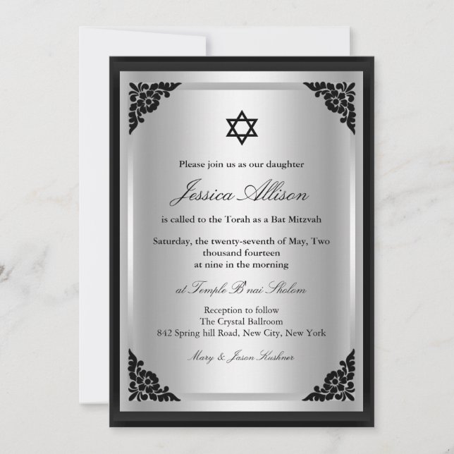 Elegant Black & Silver bat mitzvah Invitation (Front)