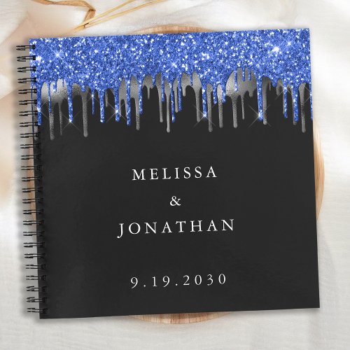 Elegant Black Silver Blue Glitter Drips Wedding Notebook