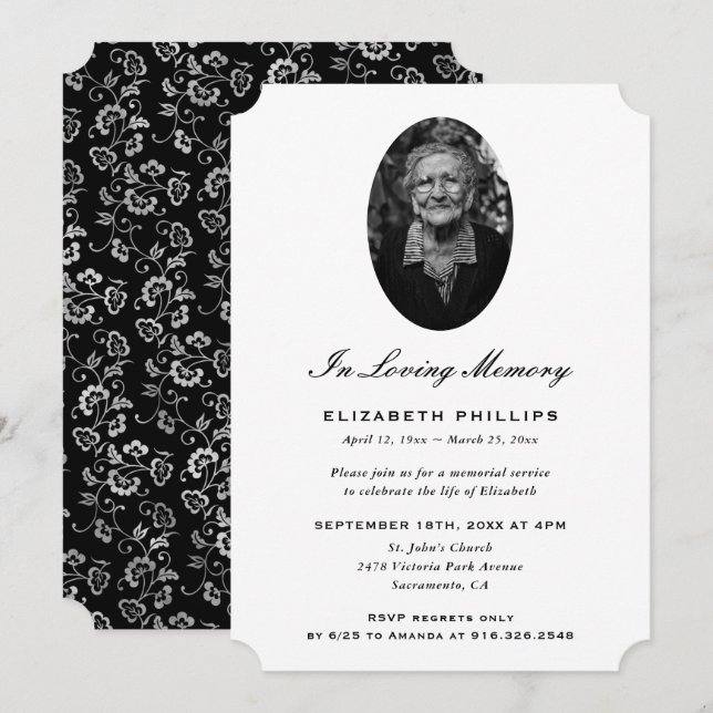 Elegant Black Silver Botanical Photo Memorial Invitation (Front/Back)