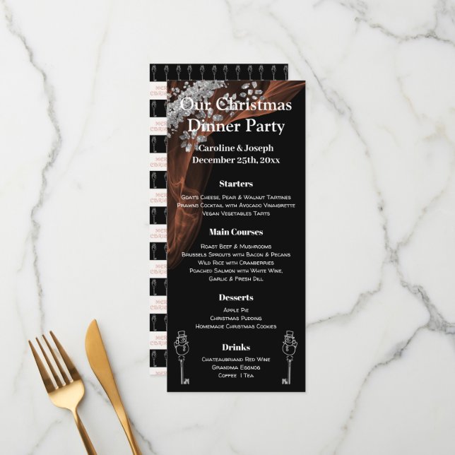 Elegant Black & Silver Christmas Menu with Snowman (Front/Back In Situ)