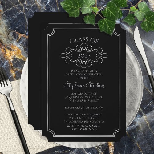 Elegant Black Silver College Graduation Party Invitation