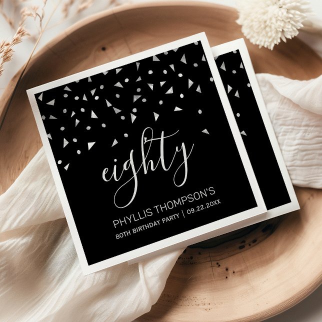 Elegant Black Silver Confetti 80th Birthday Party Napkins (Creator Uploaded)