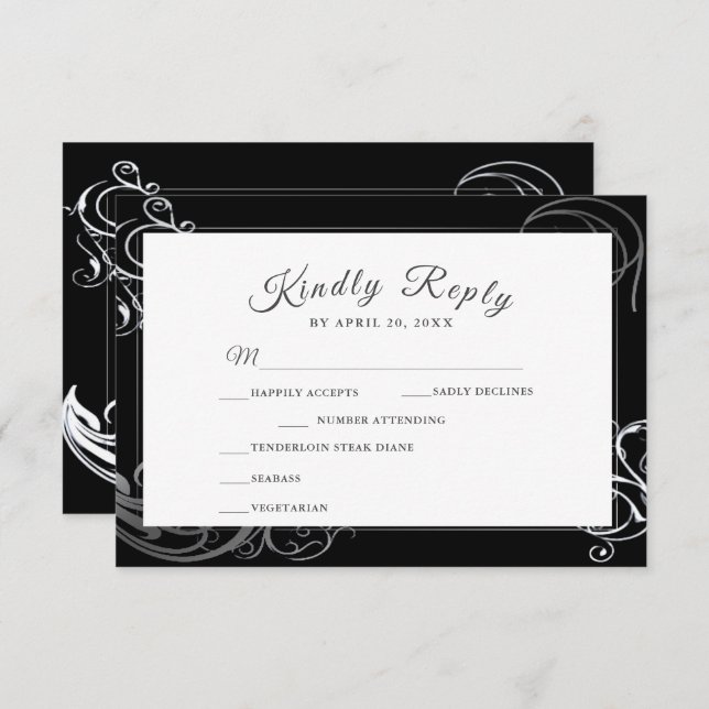 Elegant Black Silver Curls Wedding Dinner Choice   RSVP Card (Front/Back)