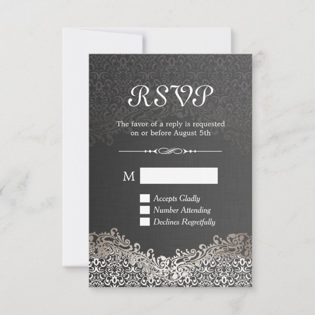 Elegant Black Silver Damask RSVP Card (Front)