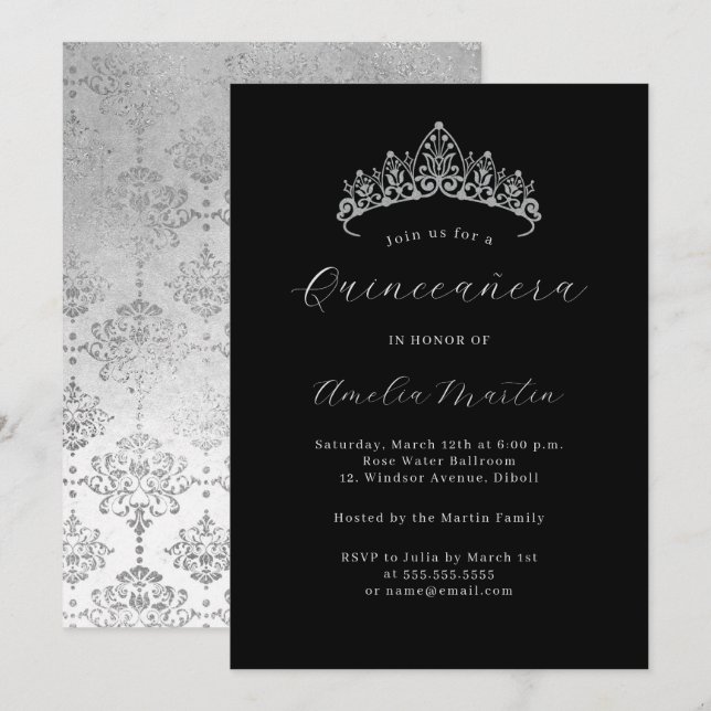 Elegant Black Silver Damask Tiara Quinceanera  Invitation (Front/Back)