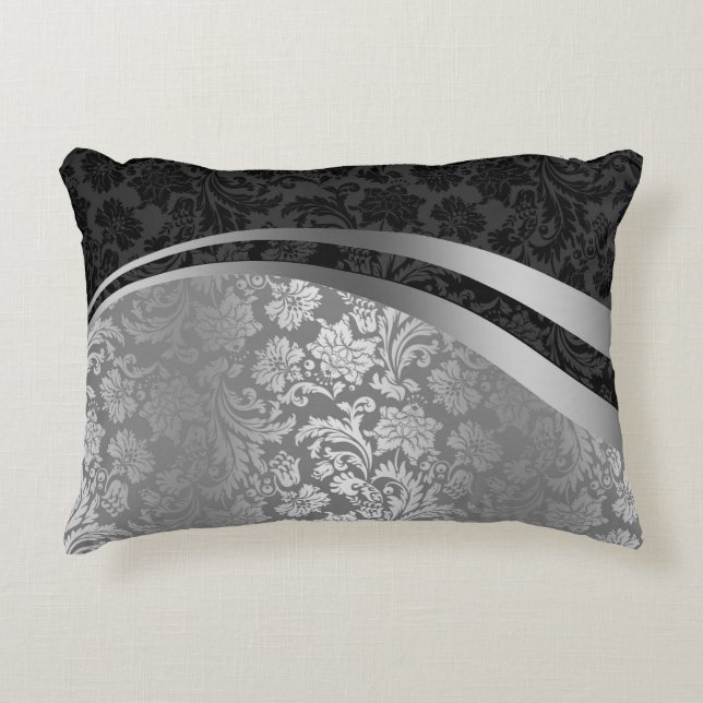 Elegant Black & Silver Damasks Dynamic Stripes Accent Pillow (Front)