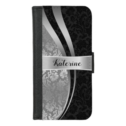 Elegant Black  Silver Damasks Geometric Design iPhone 87 Wallet Case