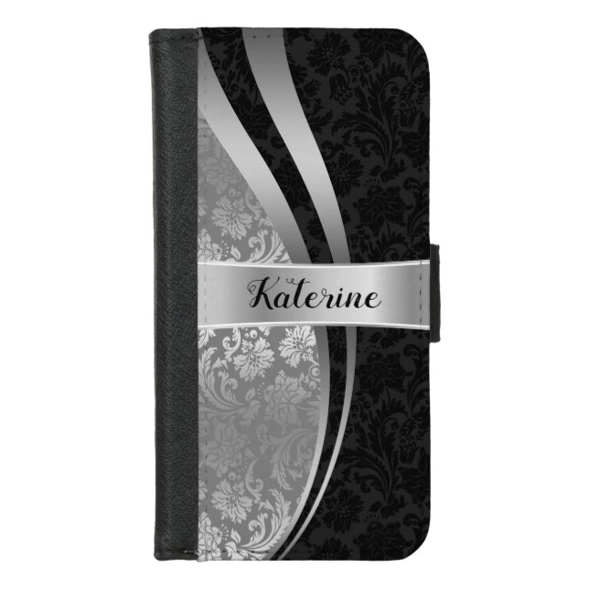 Elegant Black & Silver Damasks Geometric Design iPhone Wallet Case (Front)