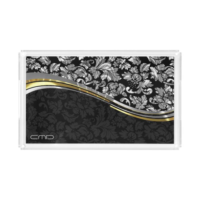 Elegant Black & Silver Damasks Gold Accents Acrylic Tray (Front)