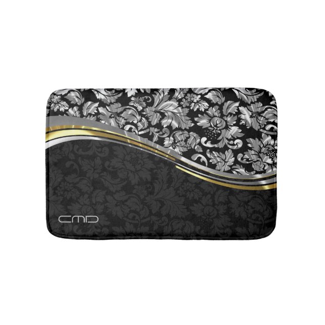 Elegant Black & Silver Damasks Gold Accents Bathroom Mat (Front)