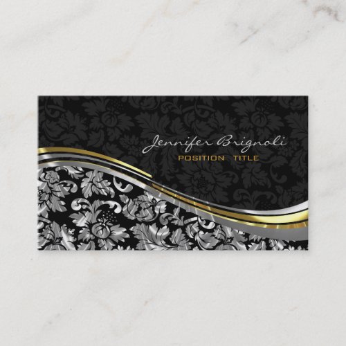 Elegant Black  Silver Damasks Gold Accents Business Card