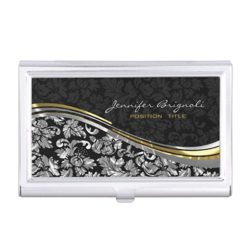 Elegant Black  Silver Damasks Gold Accents Business Card Holder