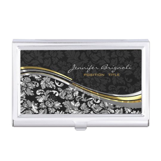 Elegant Black & Silver Damasks Gold Accents Business Card