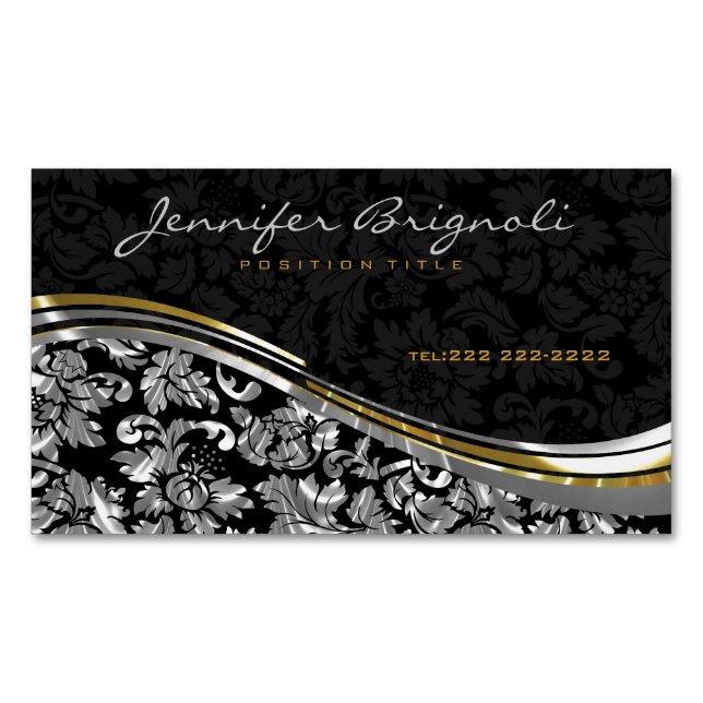 Elegant Black & Silver Damasks Gold Accents Business Card Magnet (Front)