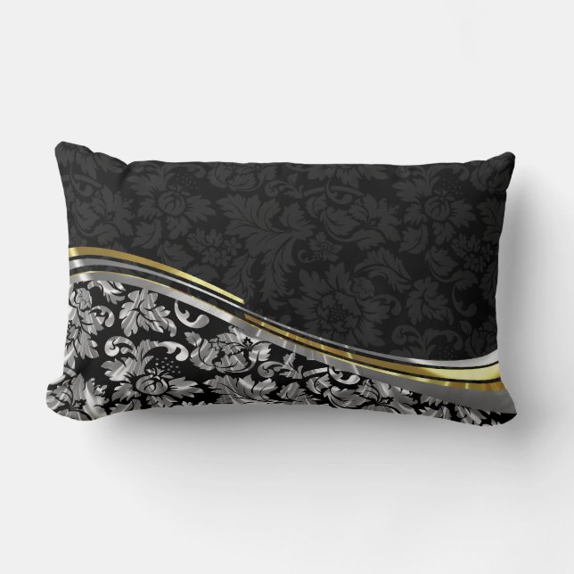 Elegant Black & Silver Damasks Gold Accents Lumbar Pillow (Front)
