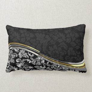 Elegant Black & Silver Damasks Gold Accents Lumbar Pillow