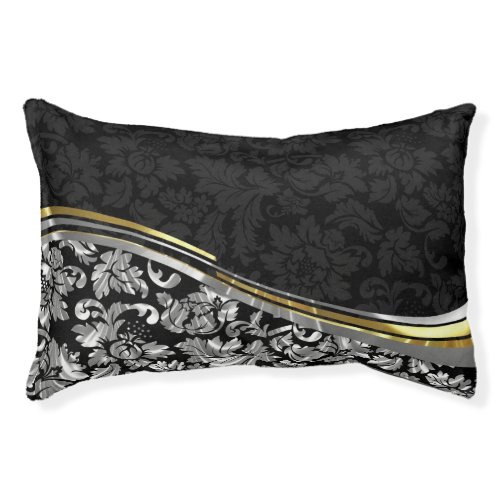 Elegant Black  Silver Damasks Gold Accents Pet Bed