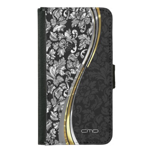 Elegant Black  Silver Damasks Gold Accents Wallet Phone Case For Samsung Galaxy S5