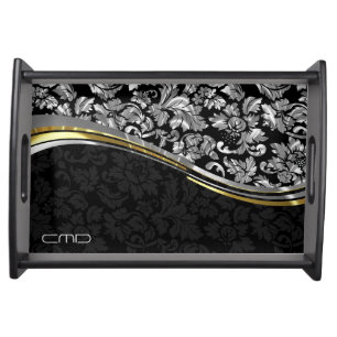 Elegant Black & Silver Damasks Gold Accents Serving Tray