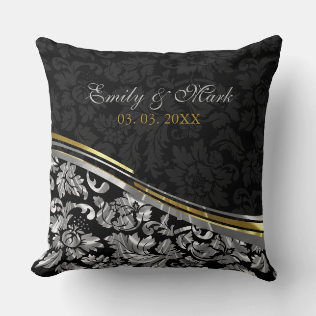 Elegant Black & Silver Damasks Gold Accents Throw Pillow (Front)
